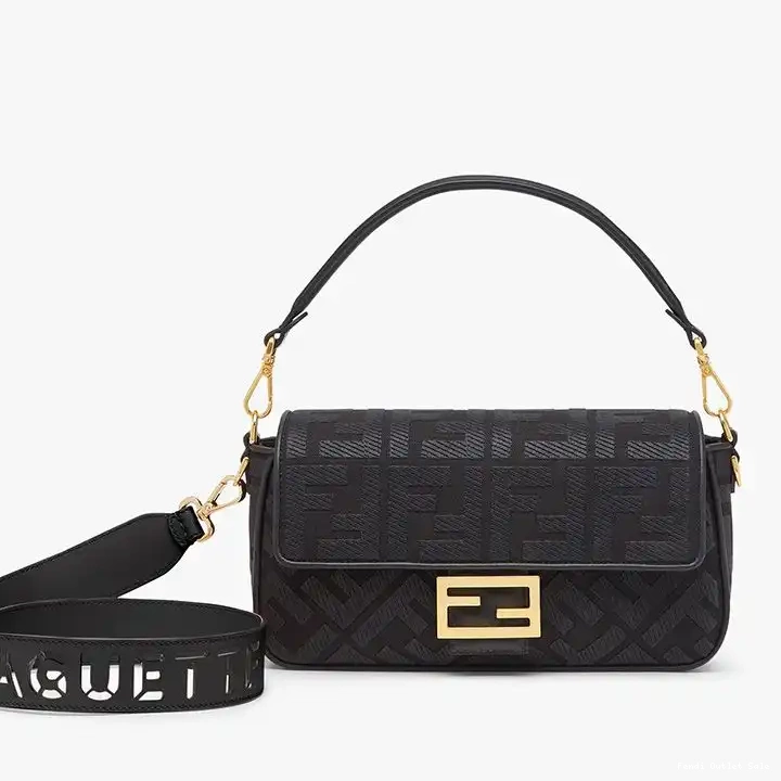 Cheap Cut Motif Bag FF Fendi In Canvas Strap with Medium Baguette Black Laser 0626